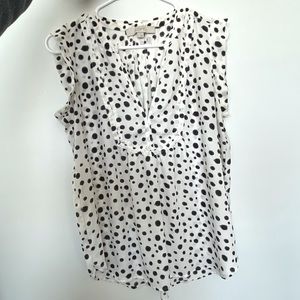 LOFT White V-Neck Blouse with Purple/Black Dots.